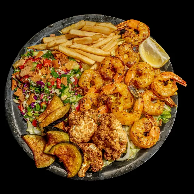 Middle Eastern prawn platter photographed by Big Bite Media